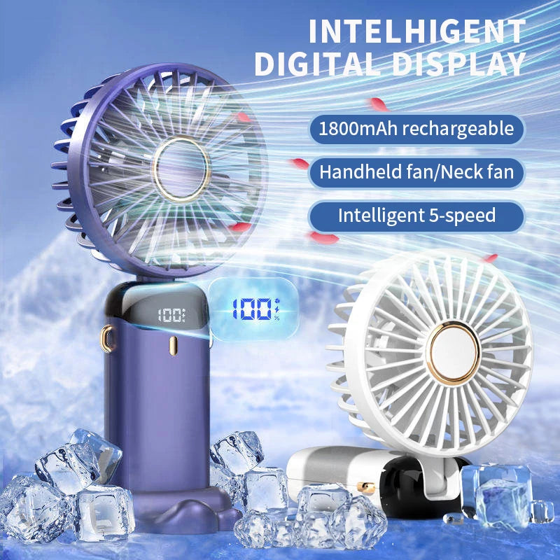 Ventilador de Pescoço Portátil com 5 Velocidades Recarregável via USB com Suporte para Telefone e Tela de Exibição 1800mAh