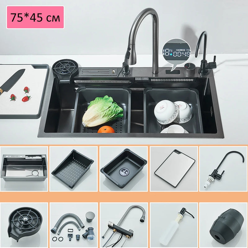 Pia de Cozinha em Aço Inoxidável 304 com Efeito Cascata, Cubo Único Grande, Torneira com Display Digital Integrado, Dosador de Sabão e Lavador de Copos