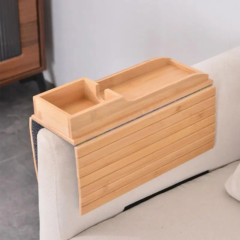 Bandeja com Porta-Copos para Sofá Mesa de Braço Dobrável em Madeira Organizador de Braço de Sofá Removível e Ajustável Para Lanches, Bebidas e TV