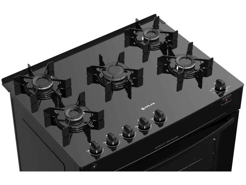 Fogão 5 Bocas Atlas Preto com Mesa de Vidro, Tampo Monaco de Vidro - Bivolt