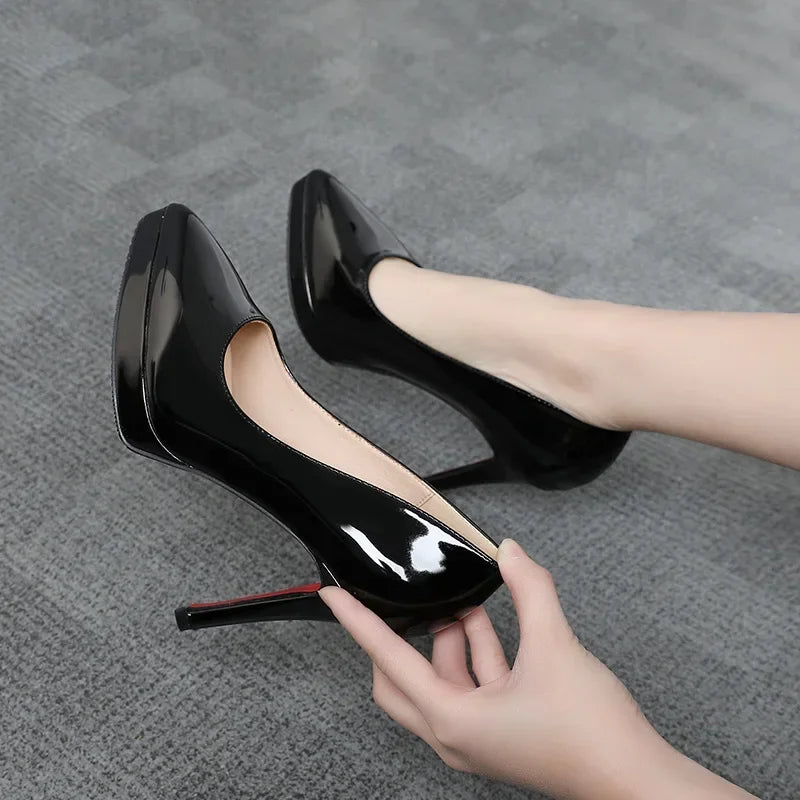 Scarpin Feminino 10cm/12cm Nude Salto Alto Stiletto Bico Fino em Couro Verniz Plataforma Festa 2024