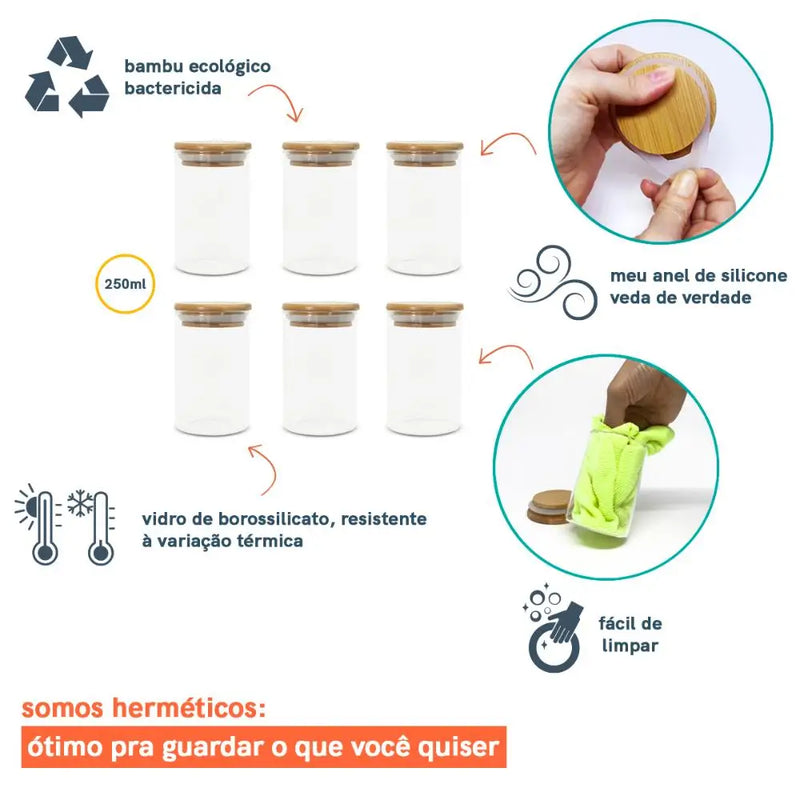 Conjunto com 6 Potes de Vidro Herméticos com Tampa de Bambu – 250 ml OIKOS