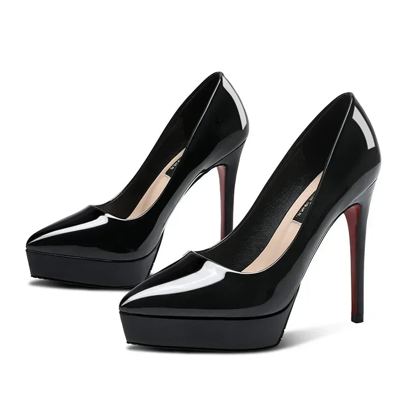 Scarpin Feminino 10cm/12cm Nude Salto Alto Stiletto Bico Fino em Couro Verniz Plataforma Festa 2024