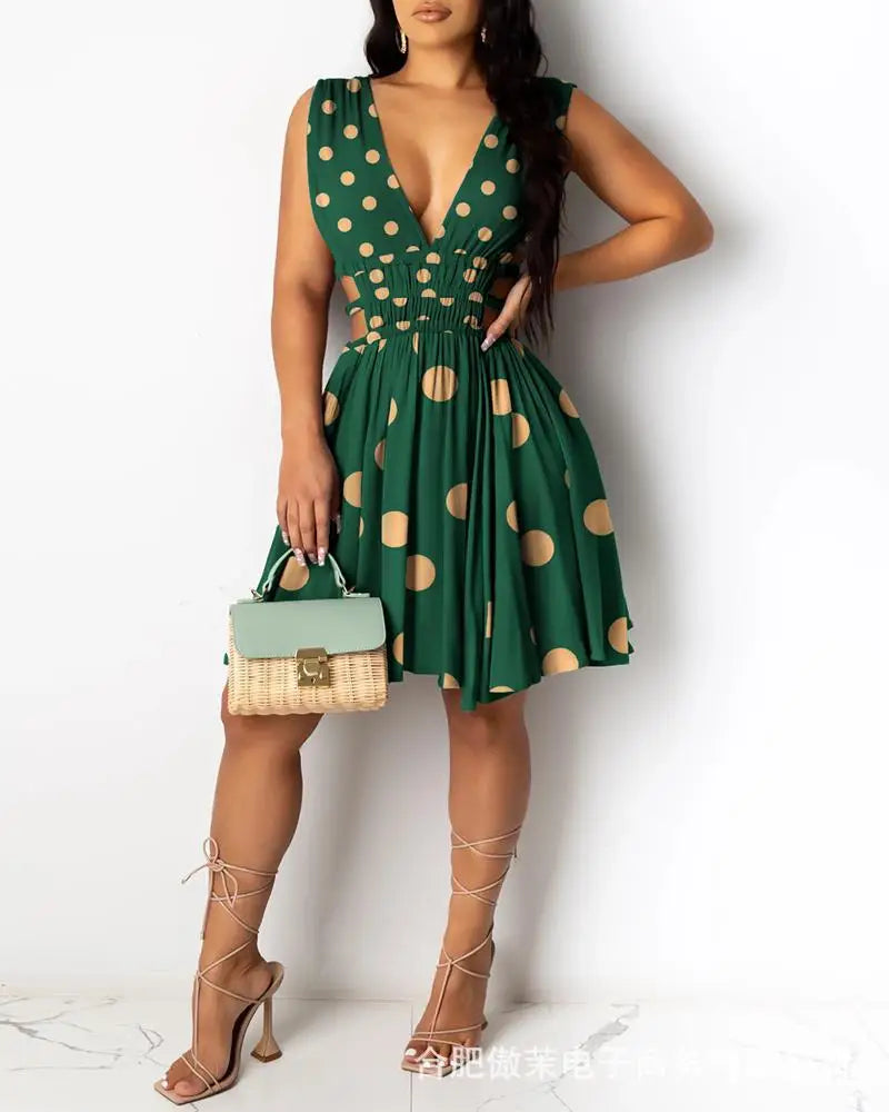 Vestido Feminino 2025 – Verão, Nova Moda, Decote V, Estampa de Bolinhas, Sem Mangas, Cintura Vazada, Casual, Mini Vestido para Dia a Dia e Férias