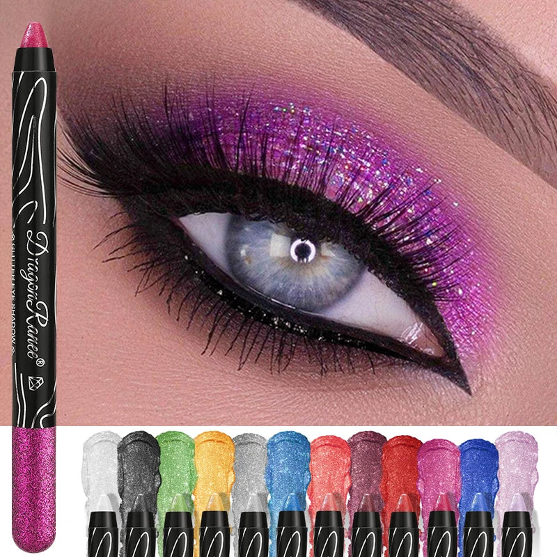 Lápis de Sombra Glitter Longa Duração 12 Cores Azul Marrom Preto Delineador Feminino