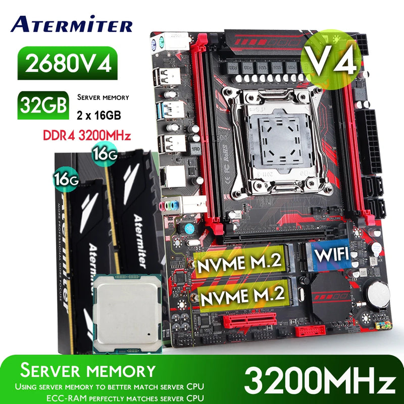 Kit Placa-mãe Atermiter X99 D4 com Xeon E5 2680 V4 LGA2011-3 + Memória 32GB (2x16GB) DDR4 3200MHz REG ECC + WiFi