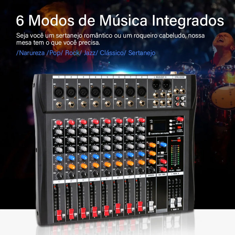 VEDO Mixer de áudio profissional portátil de 8 canais, console de mixagem de som com interface USB, MP3 digital, entrada para computador e gravação de áudio