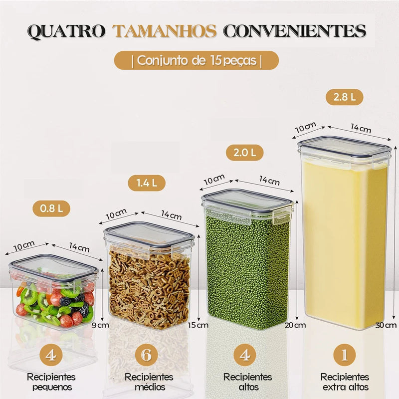 Conjuntos de 15 Peças de Potes para Armazenamento de Alimentos, Caixas Organizadoras de Cozinha com Tampas, Potes para Geladeira e Frascos Vedados