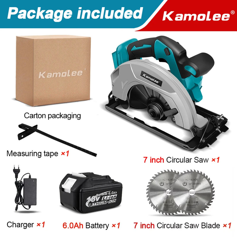 Serra Circular Elétrica Kamolee – 7 polegadas  21V / 6.0Ah / 6000mAh – Para Uso Doméstico e DIY Compatível com baterias de 18V e 21V