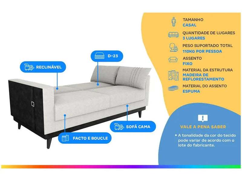 Sofá-Cama 3 Lugares Casal Reclinável Facto e Linho Matrix Esther