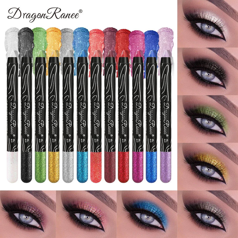 Lápis de Sombra Glitter Longa Duração 12 Cores Azul Marrom Preto Delineador Feminino