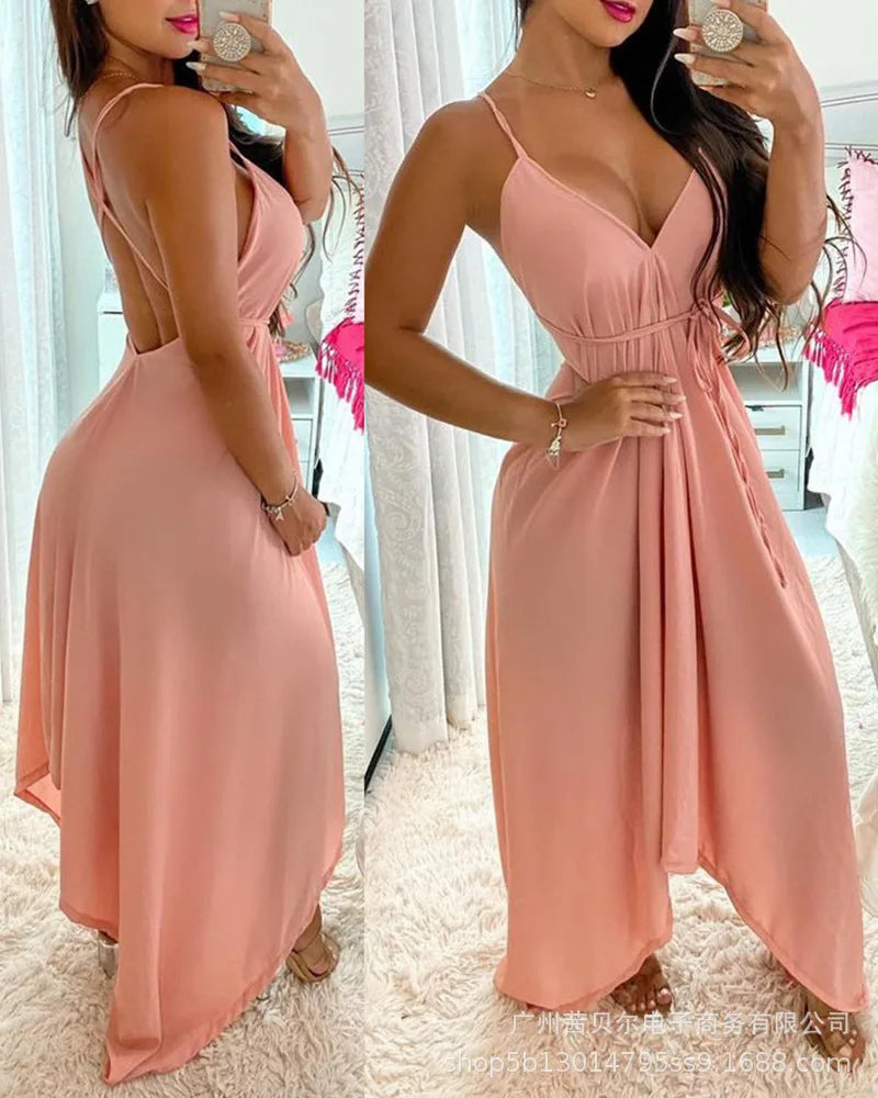 Vestido Feminino 2025 – Verão, Nova Moda, Cor Lisa, Decote V, Amarração, Sem Mangas, Sexy, Costas à Mostra, Barra Irregular, Casual, Vestido Longo para o Dia a Dia