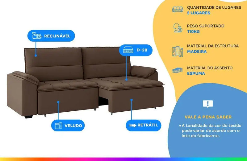 Sofá Reclinável Retrátil 5 Lugares Veludo Panama Besthouse