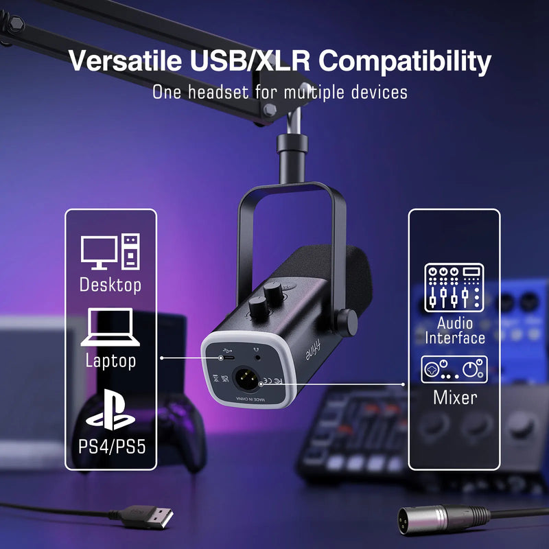 Kit de Microfone Dinâmico FIFINE AM8T XLR – Com Braço Articulado, RGB, Controle de Volume, USB, Para PC e PS4/PS5