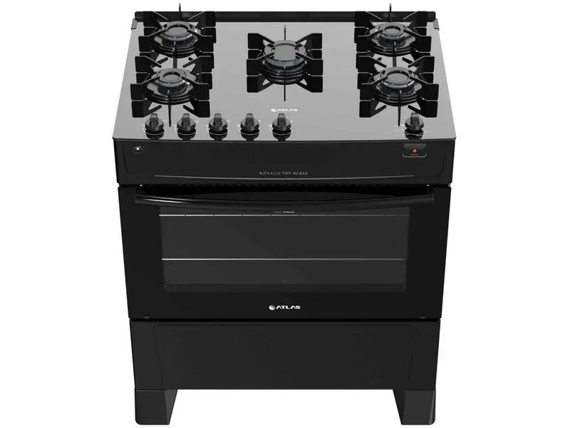 Fogão 5 Bocas Atlas Preto com Mesa de Vidro, Tampo Monaco de Vidro - Bivolt