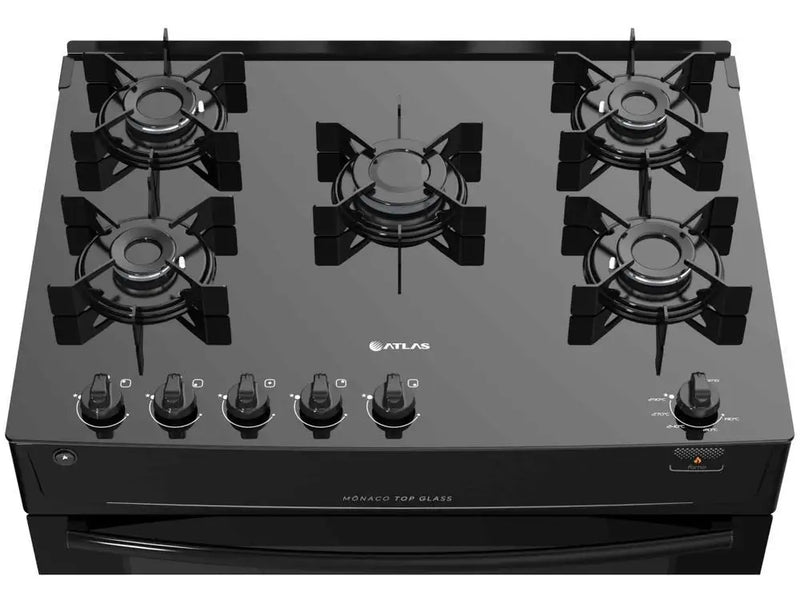 Fogão 5 Bocas Atlas Preto com Mesa de Vidro, Tampo Monaco de Vidro - Bivolt
