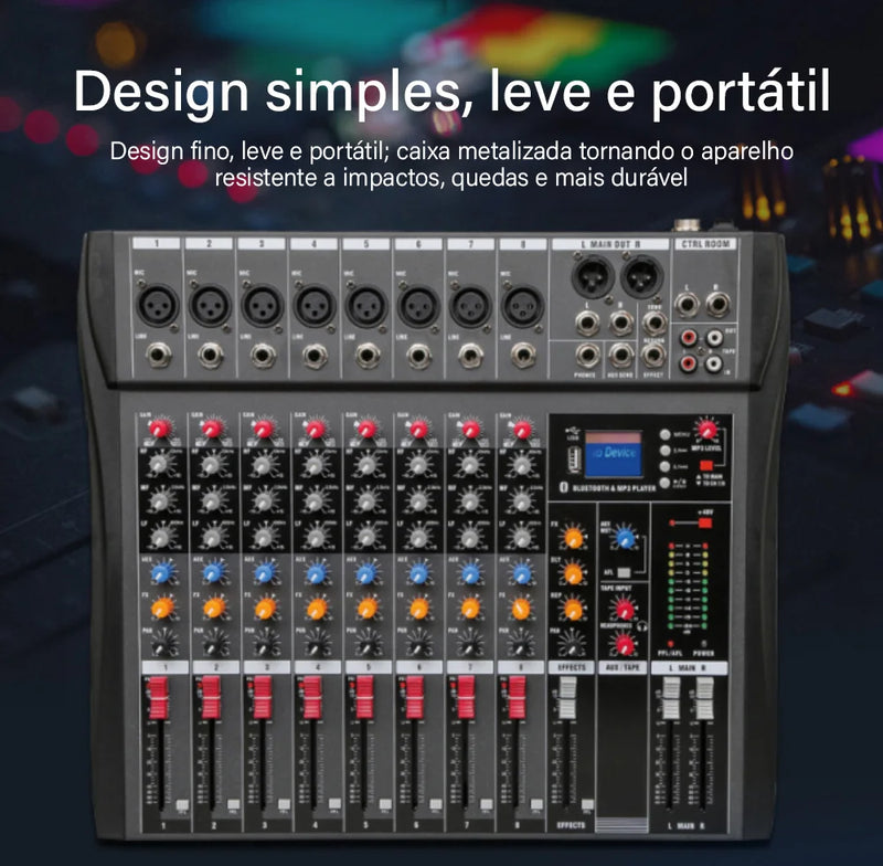 VEDO Mixer de áudio profissional portátil de 8 canais, console de mixagem de som com interface USB, MP3 digital, entrada para computador e gravação de áudio