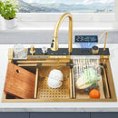 Pia de Cozinha em Aço Inoxidável com Torneira 75x45 cm, Cubo Único Grande, Display Digital, Bacia para Louça, Efeito Cascata, Torneiras de Água Quente e Fria