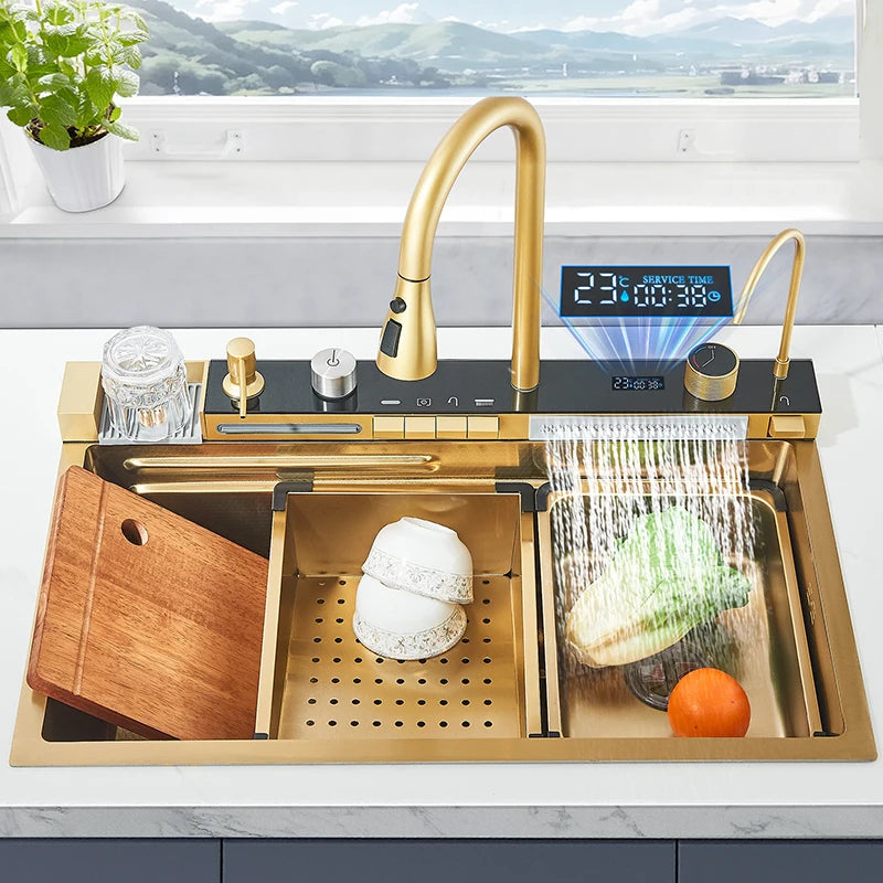 Pia de Cozinha em Aço Inoxidável com Torneira 75x45 cm, Cubo Único Grande, Display Digital, Bacia para Louça, Efeito Cascata, Torneiras de Água Quente e Fria