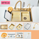 Pia de Cozinha em Aço Inoxidável 304 com Efeito Cascata, Cubo Único Grande, Torneira com Display Digital Integrado, Dosador de Sabão e Lavador de Copos