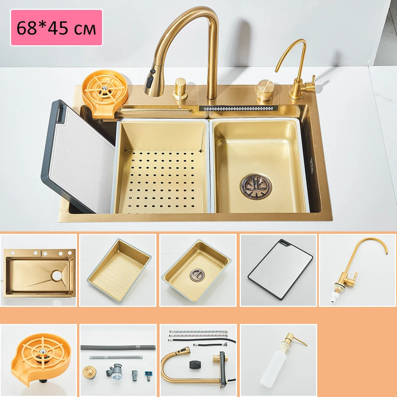 Pia de Cozinha em Aço Inoxidável 304 com Efeito Cascata, Cubo Único Grande, Torneira com Display Digital Integrado, Dosador de Sabão e Lavador de Copos