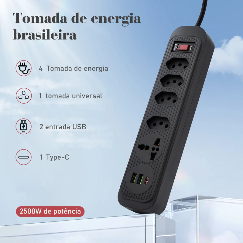 Extensão de 4 Tomadas com 3 USB Bivolt