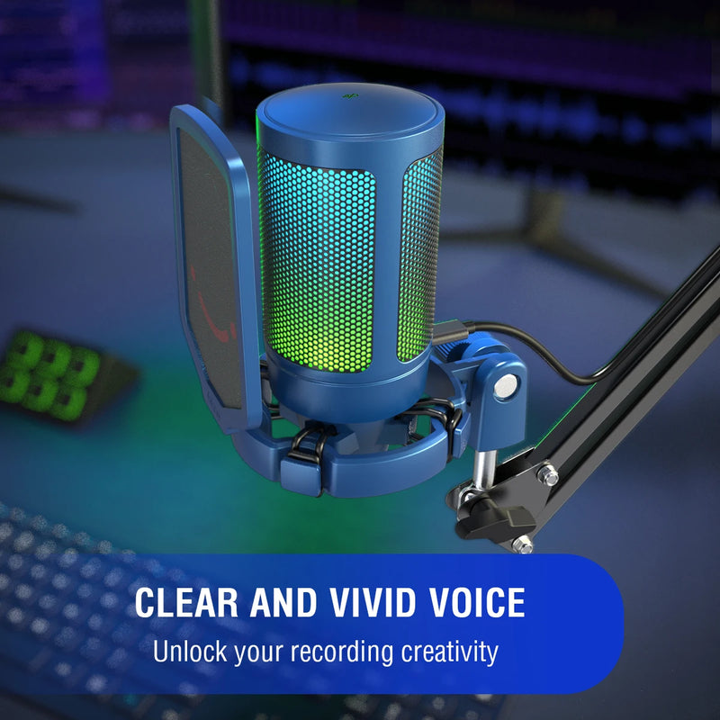 Microfone Gamer FIFINE A6V USB com RGB – Microfone Condensador para PC, Streaming, com Pop Filter, Suporte Anti-Vibração, Controle de Ganho, Plug & Play