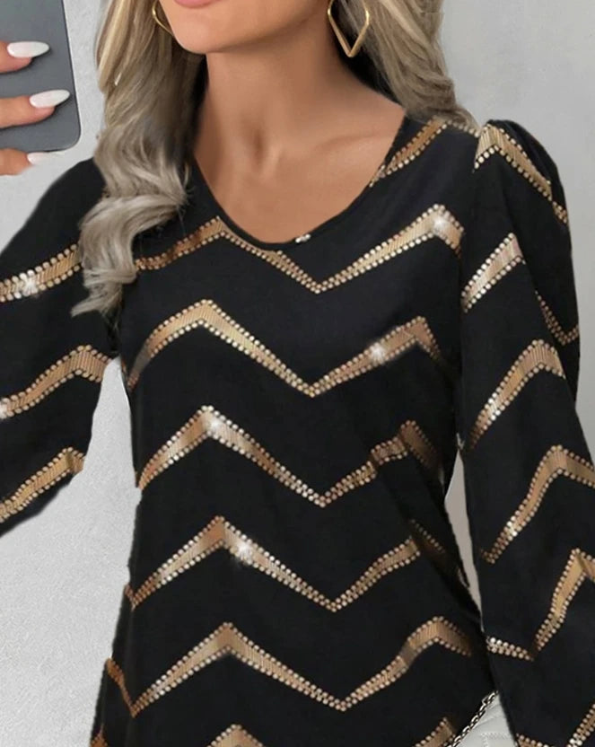 Vestido Feminino – Verão, Estampa Chevron Color Block com Efeito Bronze, Casual, Manga Longa, Moda 2025, Modelo A-Line