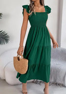 Saia Longa Feminina 2025 – Verão, Cor Lisa, Decote Quadrado, Borda Tipo Cogumelo, Cintura Ajustada, Modelo A-Line, Vestido Elegante Justo tipo Camisola