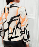 Blusa Feminina Fashion 2024 – Manga Longa, Estampa Abstrata, Detalhe de Laço no Pescoço, Casual, Y2K