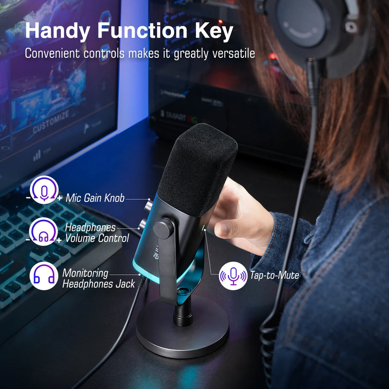 Microfone Dinâmico FIFINE USB/XLR com Controle de RGB/Entrada para Fone de Ouvido/Mute, Microfone para PC Gaming, Gravação e Streaming AmpliGame-AM8