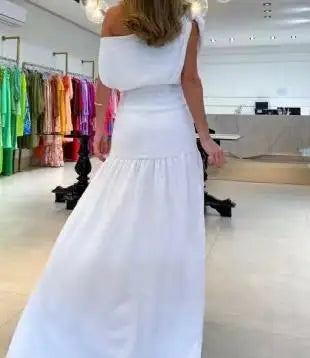 Vestido Feminino 2025 – Verão, Nova Moda, Cor Lisa, Ombro a Ombro, Manga Curta, Franzido, Cintura Alta, Casual, Sexy, Fenda Alta, Vestido para Férias