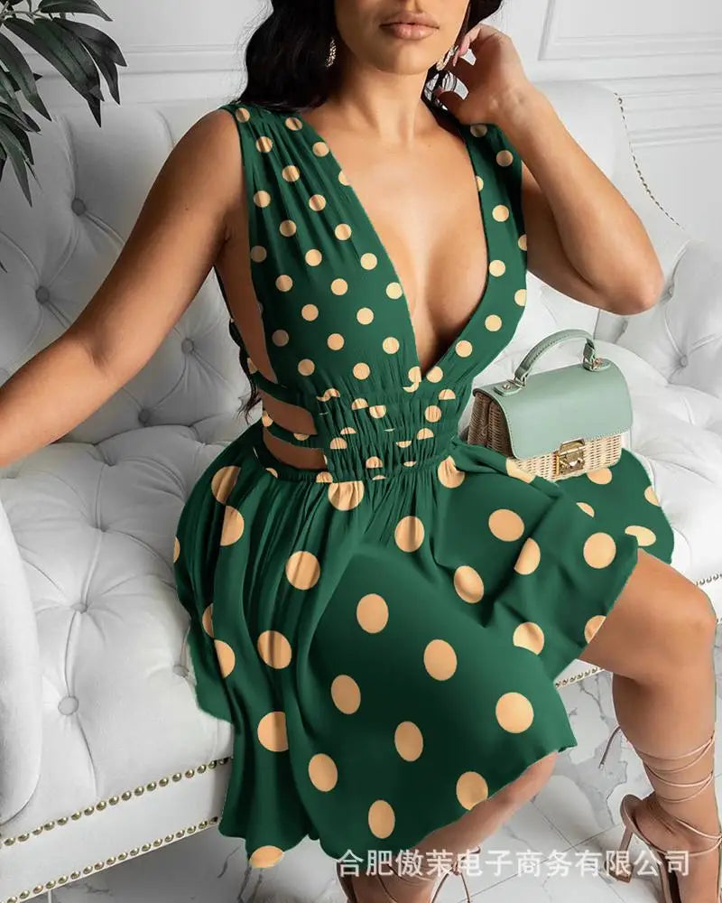 Vestido Feminino 2025 – Verão, Nova Moda, Decote V, Estampa de Bolinhas, Sem Mangas, Cintura Vazada, Casual, Mini Vestido para Dia a Dia e Férias