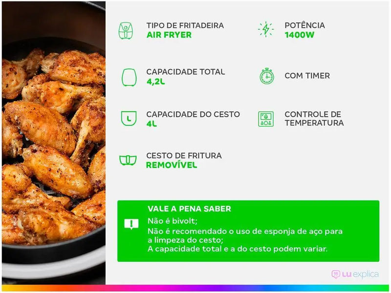 Air Fryer Arno - Airfry Super BFRY Preto e Aço Inox 4.2L com Timer - 110V Fritadeira Elétrica sem Óleo