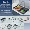 Pia de Cozinha em Aço Inoxidável com Torneira e Display Digital, Cubo Único Grande, Efeito Cascata Chuva, Sistema 5 Funções, Bacia para Louça