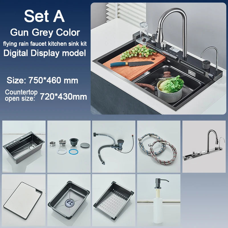 Pia de Cozinha em Aço Inoxidável com Torneira e Display Digital, Cubo Único Grande, Efeito Cascata Chuva, Sistema 5 Funções, Bacia para Louça