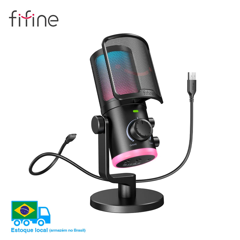 Microfone USB Gamer FIFINE AM6 – Condensador com Cancelamento de Ruído, RGB, Botão de Ganho e Balanço, Ideal para Streaming e Podcast