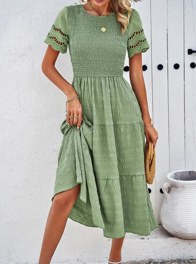 Vestido Elegante Feminino – Decote Vazado, Modelo A-Line, Temperamento, Casual, Verão, Nova Moda
