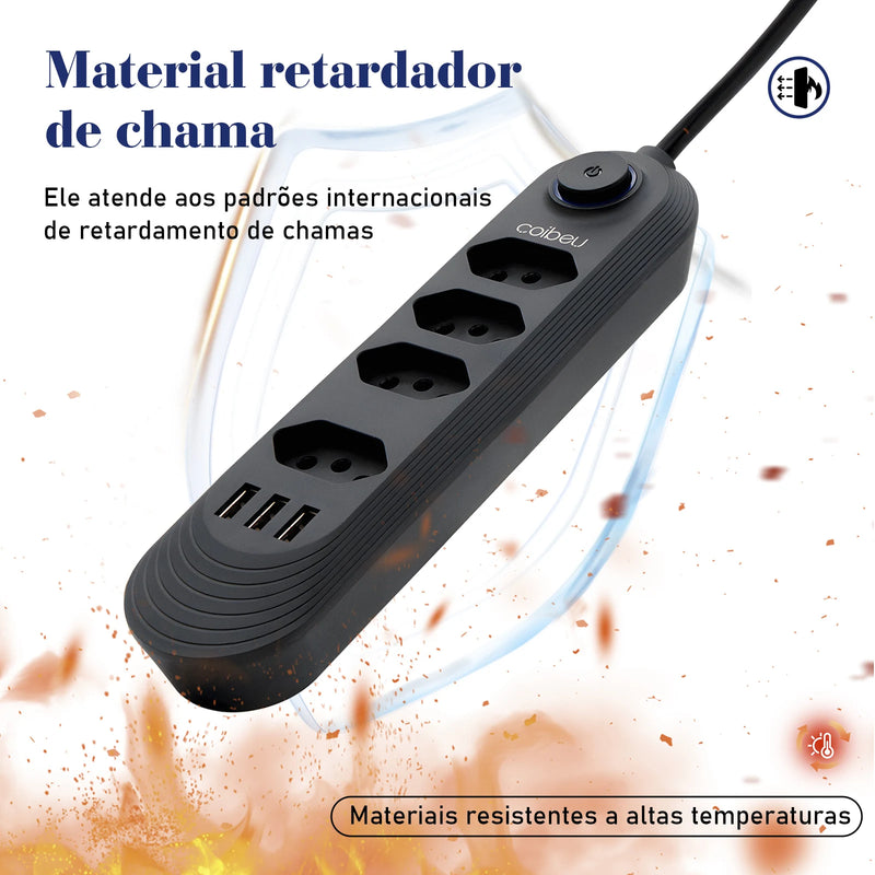 Extensão com 4 Tomadas, Bivolt, 2 Metros, Tomada Preta com 4 Saídas e USB, Régua de Energia, Extensão para Brasil