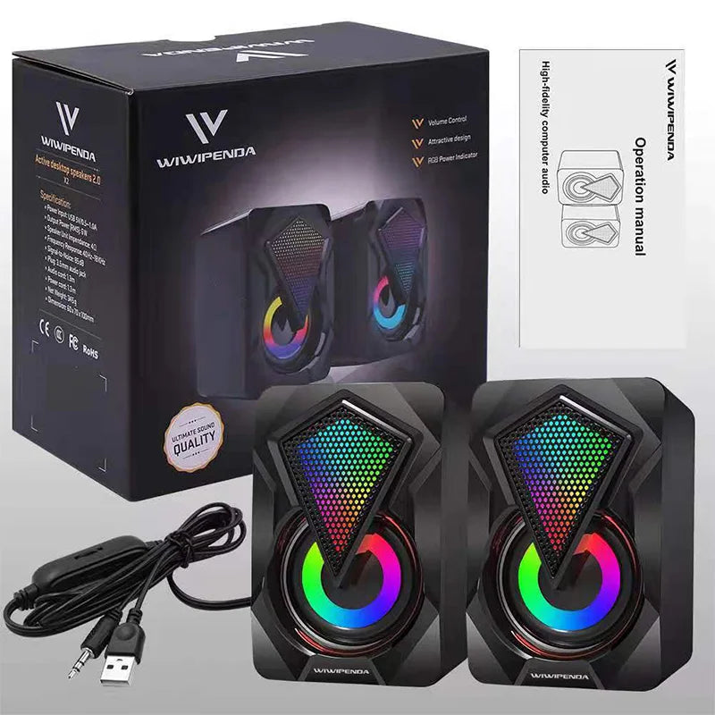 Caixa de Som Estéreo Surround com Luzes RGB  Para Desktop, Laptop e PC – Subwoofer USB Alimentado