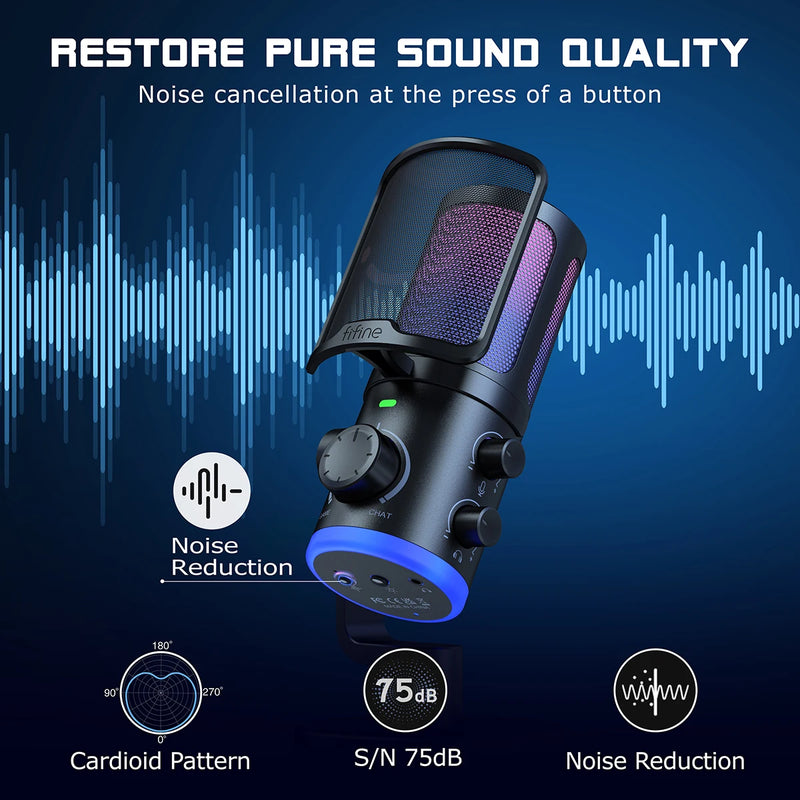 Microfone USB Gamer FIFINE AM6 – Condensador com Cancelamento de Ruído, RGB, Botão de Ganho e Balanço, Ideal para Streaming e Podcast