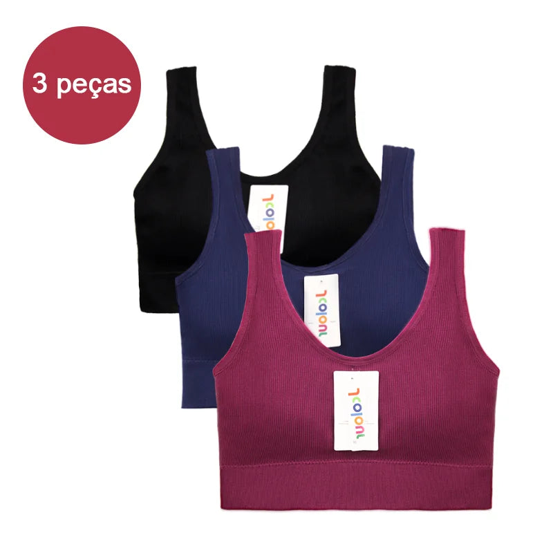 Kit com 3 Itens – Sutiã Sem Costura, Top Esportivo Push-Up, Lingerie Feminina, Poliéster, Respirável e Confortável