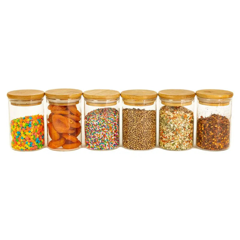 Conjunto com 6 Potes de Vidro Herméticos com Tampa de Bambu – 250 ml OIKOS