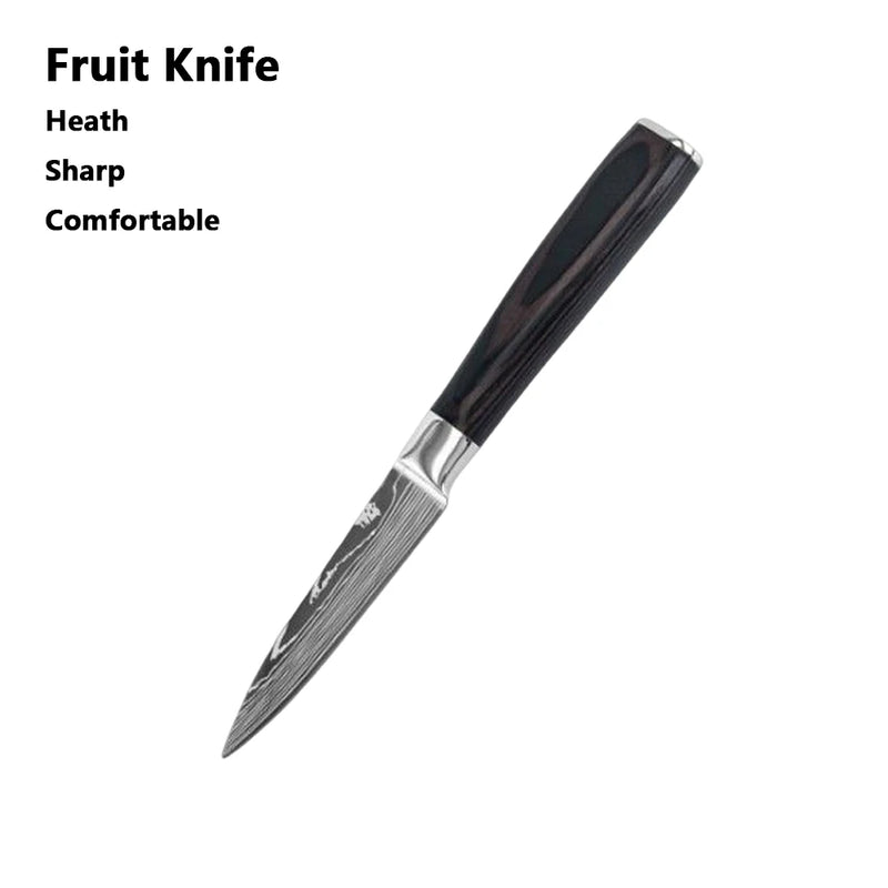 Conjunto de Facas de Chef 1 a 10 Peças – Facas de Cozinha com Padrão Laser Damascus, Faca Japonesa Santoku Afiada, Cutelo, Fatiadora e Utilitária
