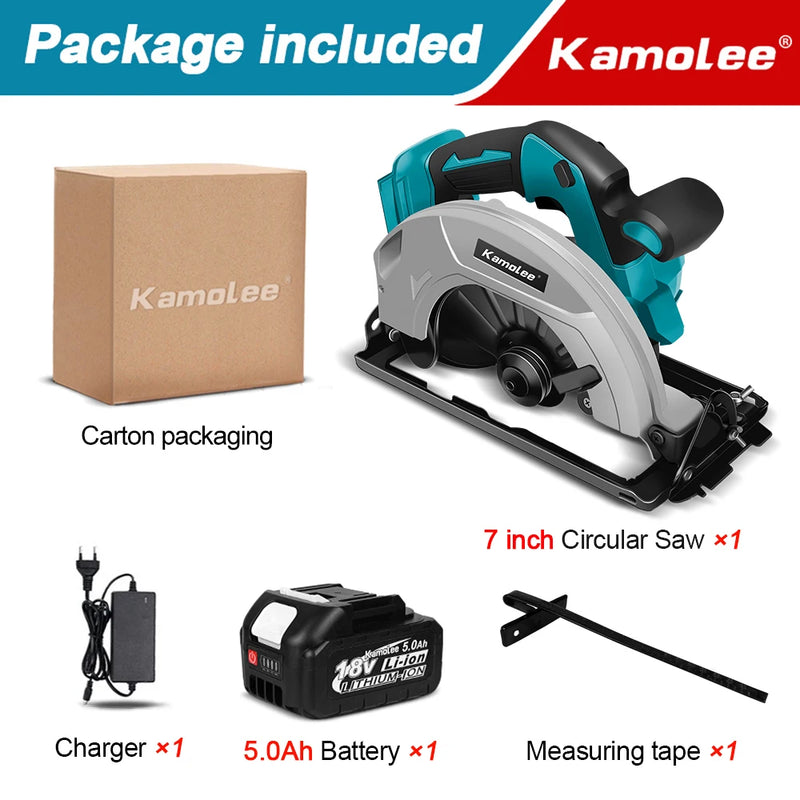 Serra Circular Elétrica Kamolee – 7 polegadas  21V / 6.0Ah / 6000mAh – Para Uso Doméstico e DIY Compatível com baterias de 18V e 21V