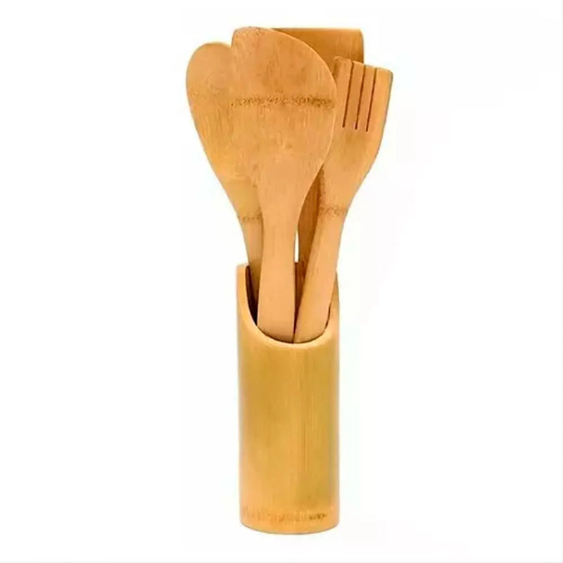 Conjunto de 4 Espátulas de Bambu com Copo Utensílios