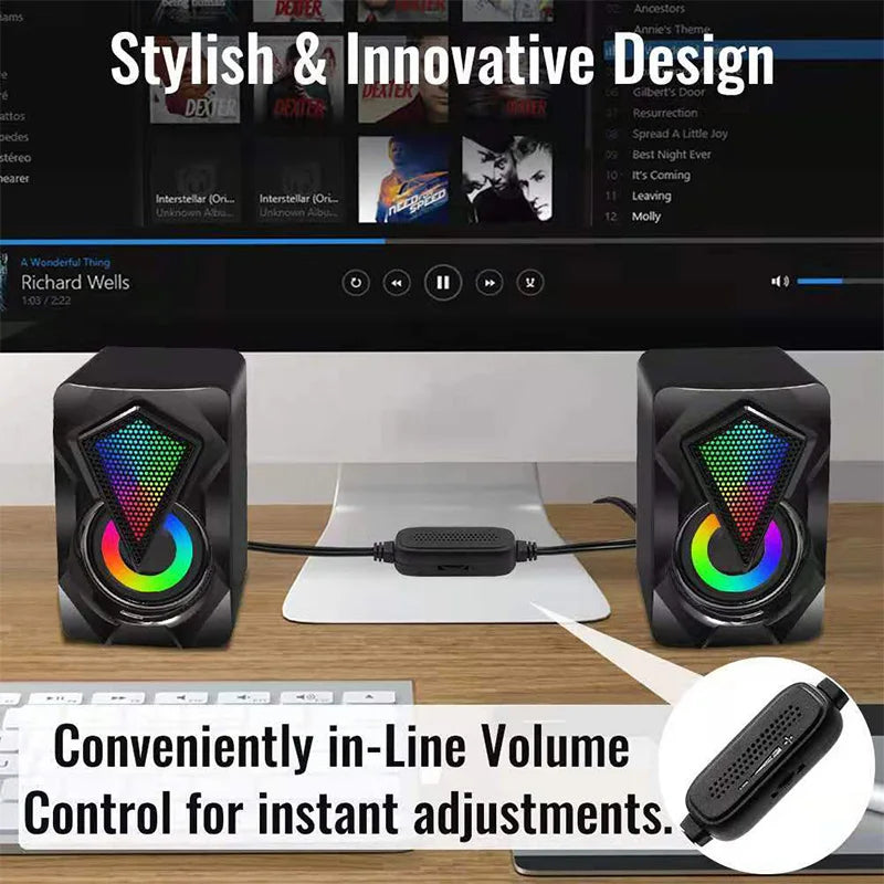 Caixa de Som Estéreo Surround com Luzes RGB  Para Desktop, Laptop e PC – Subwoofer USB Alimentado