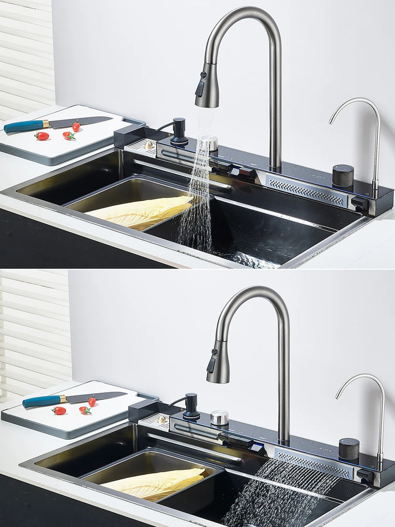 Pia de Cozinha em Aço Inoxidável 304 com Efeito Cascata, Cubo Único Grande, Torneira com Display Digital Integrado, Dosador de Sabão e Lavador de Copos