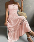 Vestido Feminino 2025 – Verão, Nova Moda, Cor Lisa, Estilo Tomara que Caia, Detalhe em Renda Frufru na Manga, Casual, Maxi Dress para Dia a Dia e Férias