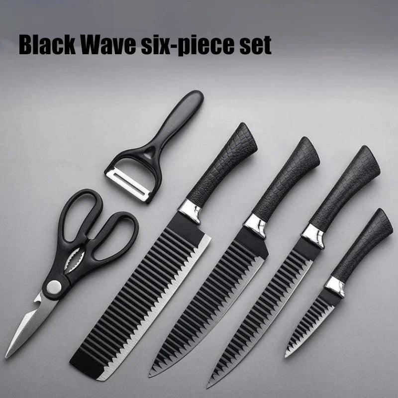Conjunto de Ferramentas 6 Peças – Facas Black Wave em Aço Inoxidável: Faca de Chef e Faca para Frutas